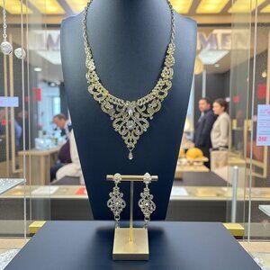 Gold Rhinestone Statement Necklace Earring Set Wedding Glam Elegant Jewelry